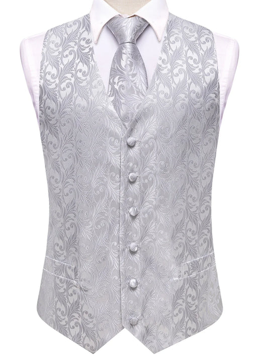 Men's Double Breasted Vest with Tie and Pocket Square – Silver Casual Suit Set for Banquets and Formal Occasions