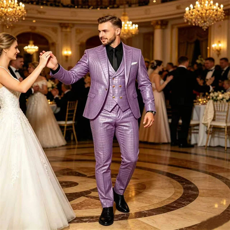 Men's 3 Piece Suit Crocodile Pattern Prime PU Leather Single Breasted Gold Buttons Slim Fit Wedding Dinner Party Formal Outfit ﻿