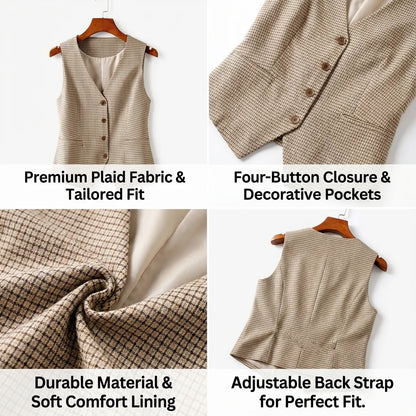 Vintage Women's Checkered Tank Top with Elegant V-neck Buttons Is Designed for Folding Daily Commute and Office Casual Wear