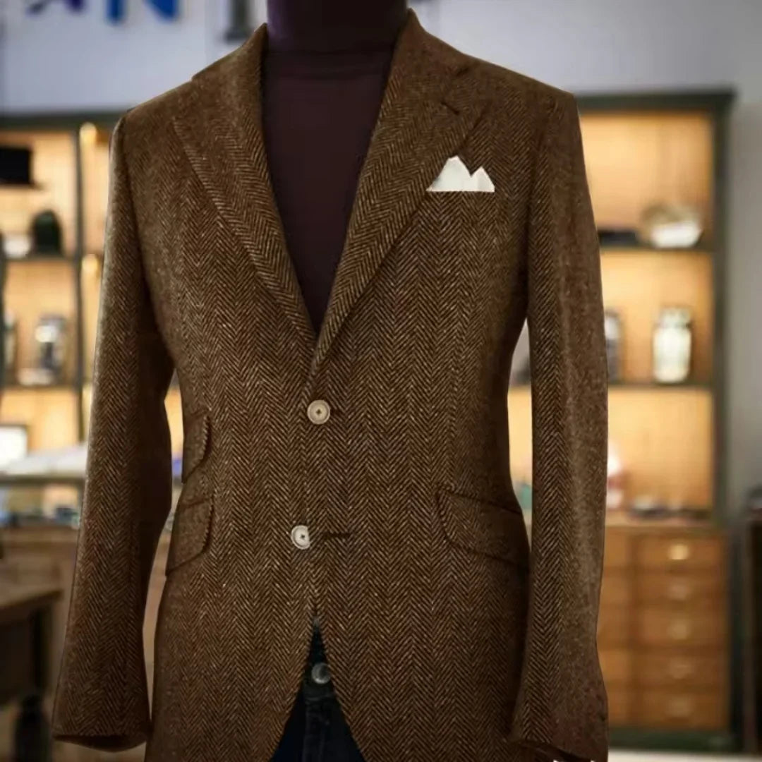 Blue Men's Herringbone Tweed Blazer Single Breasted Notch Lapel Prom Tuxedo Jacket Woolen Suit Daily Office Business One Coat