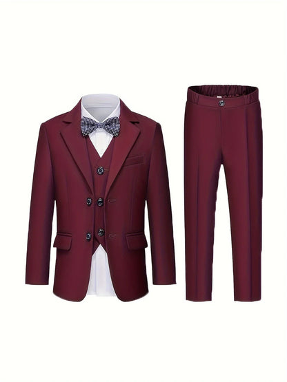 Prince Kids Wedding Party Dress Boys Performance Costome Children Red 4Pieces/Set Jacket Vest Pants Bowtie Photography Suit