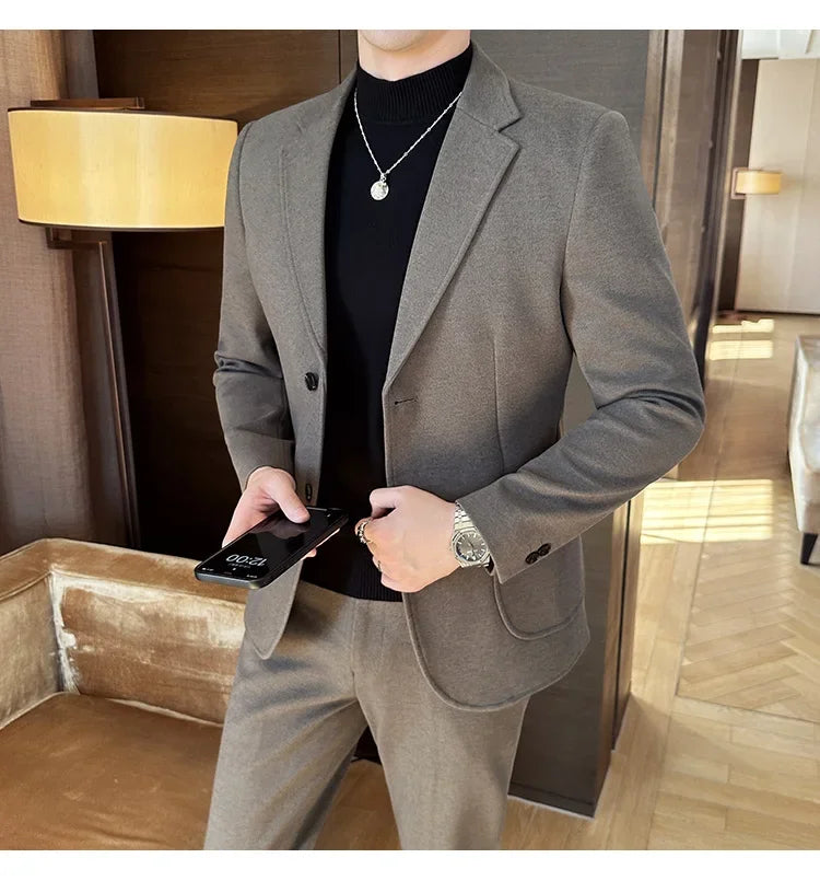 Plus Size 7XL-M ( Jacket+Pant）Autumn Winter Thickened Starry Sky Woolen Suit High Quality Slim Fit Business Social Casual 2 Pcs