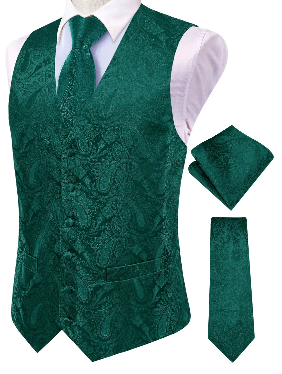 Men's Paisley Jacquard Suit Vest – V-Neck 6-Button Waistcoat with Tie & Pocket Square for Weddings