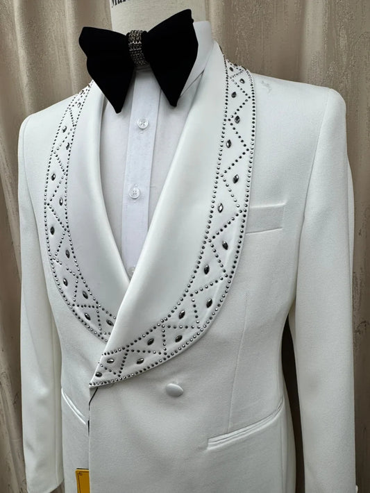 White Luxurious Men's Suits 2 Pieces Jacket Pants Wedding Party Wear Double Breasted Beaded Man Suit Set Birthday Tuxedo S-3XL