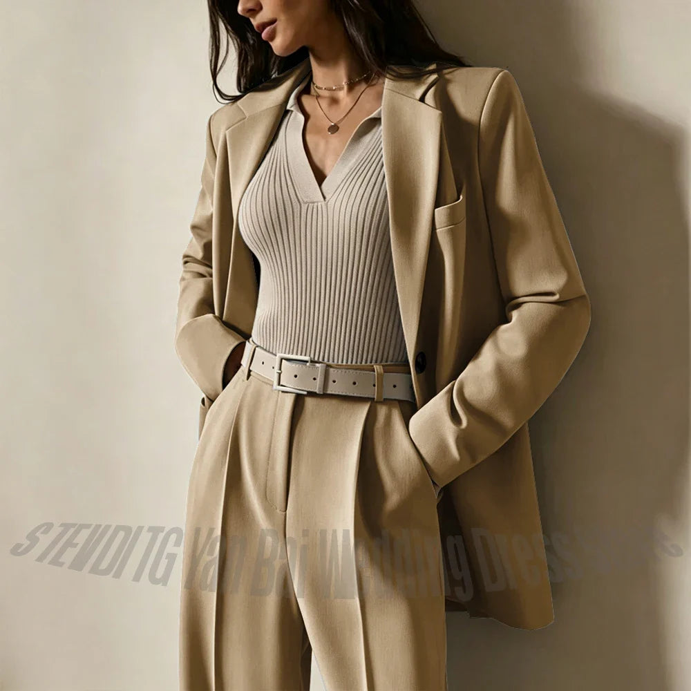 Dusty Blue Women Suits Casual Loose Single Breasted Blazer Pants 2 Piece Minimalist Fashion Office Daily Wear Outfit Set