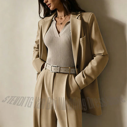 Dusty Blue Women Suits Casual Loose Single Breasted Blazer Pants 2 Piece Minimalist Fashion Office Daily Wear Outfit Set