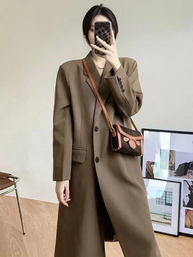 Elegant Women's Basic Solid Color Single Breasted Loose Casual Long Suit Jacket 2025 Spring Autumn Premium Trench Black Coat