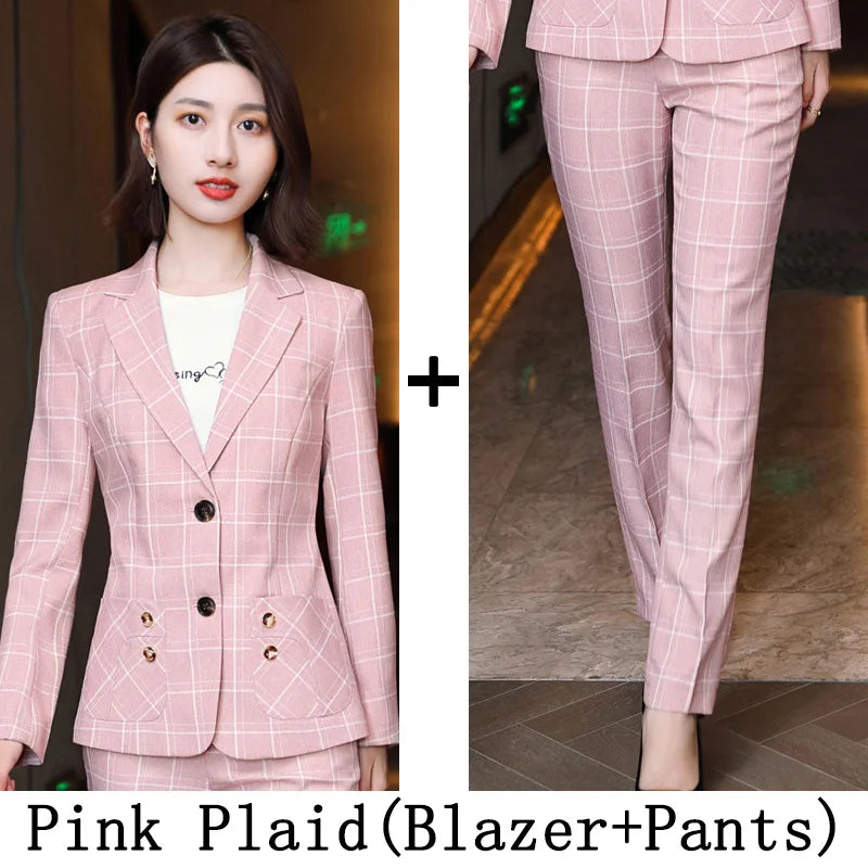 Plaid Women Suits Office Sets 2023 Vintage Long Sleeve Single Button Silm Blazers Chic High Waist Casual Pants Suits