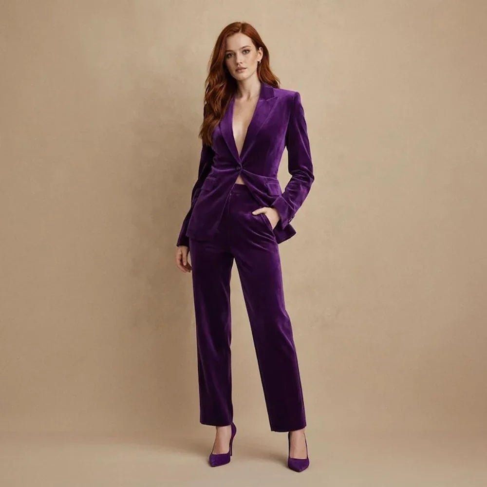 Bespoke Velvet Women's Suits Elegant Slim Fit 2 Piece Jacket Pants Office Lady Fashion One-Button Peak Lapel Female Clothing