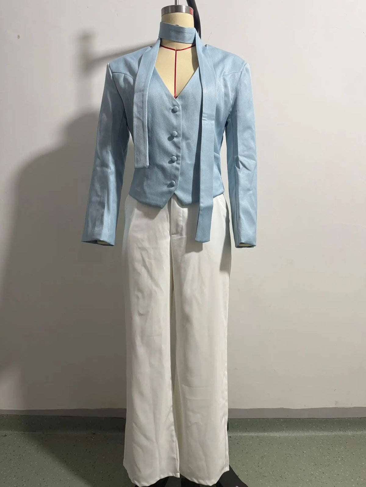 Fashionable Pure Color V-Neck Scarf Decorated Long Sleeve Casual Small Western Style Coat Top Women's Spring Summer Autumn