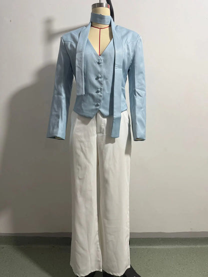 Fashionable Pure Color V-Neck Scarf Decorated Long Sleeve Casual Small Western Style Coat Top Women's Spring Summer Autumn