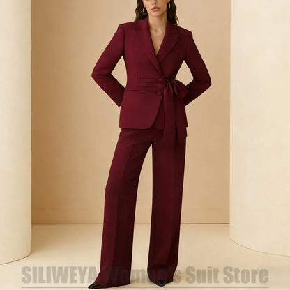 Women's Suit 2 Piece Bow Belt Design Formal Outfit for Wedding Party Prom Office Fashion Peak Lapel Daily Casual Lady Suits