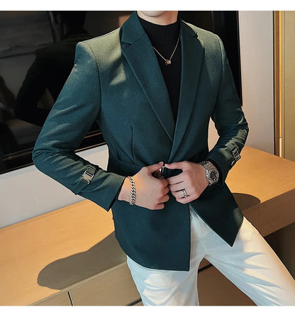 Men's Slim Fit Blazer Metal Buckle Decoration Smart Casual Wedding Party Jacket