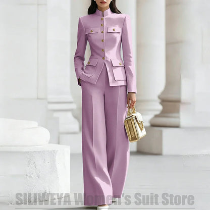 Women's Ivory Suit Mandarin Collar 2 Piece Military Style Gold Buttons Blazer Wide Leg Pants Wedding Party Prom Lady Suits