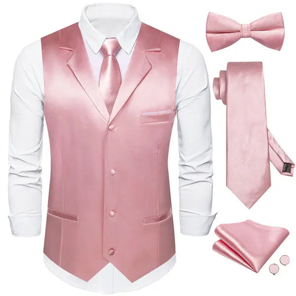 Men's Satin Waistcoat 5-Piece Set with Rose Gold Lapel – Vest, Necktie, Bow Tie, Pocket Square & Cufflinks