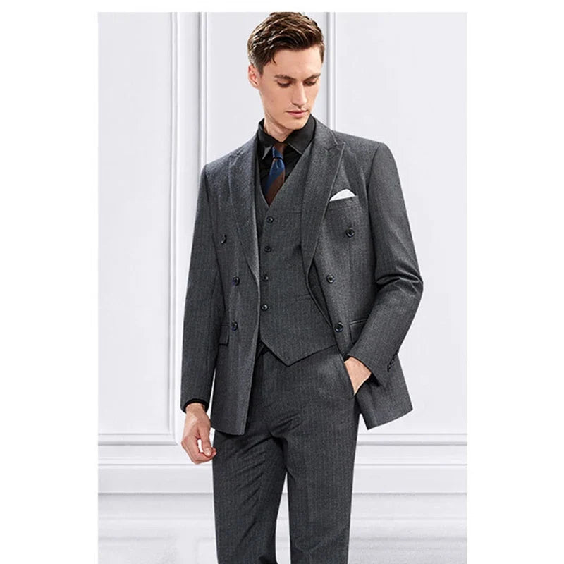 Men Suit Luxury 2023 Dark Grey Stripe Pattern Double Breasted 3 Pcs(Jacket+Pants+Vest) Formal Business Blazer Gentlemen Slim Fit