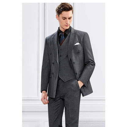 Men Suit Luxury 2023 Dark Grey Stripe Pattern Double Breasted 3 Pcs(Jacket+Pants+Vest) Formal Business Blazer Gentlemen Slim Fit