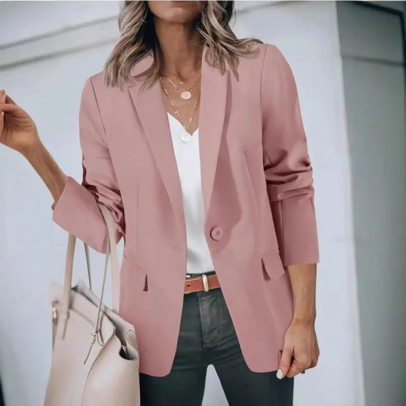 Fall 2024 Women's Casual Long Sleeve Button-Up Collar Pocket Single-Breasted Office West Suit Polyester Blend Fashion Style