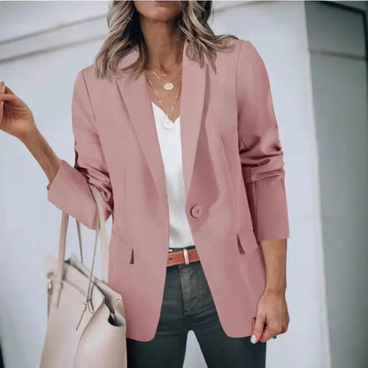 Fall 2024 Women's Casual Long Sleeve Button-Up Collar Pocket Single-Breasted Office West Suit Polyester Blend Fashion Style