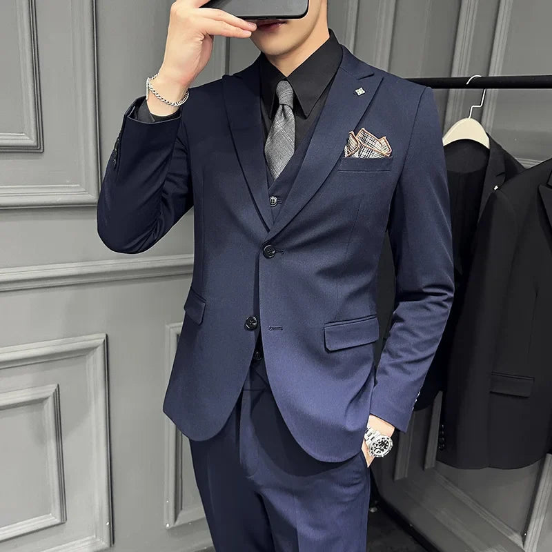 Men's 3 Piece Suit Set Double‑Button Slim Fit Solid Color Business Casual Wedding Party Jacket Vest Pants Formal Outfit for Men