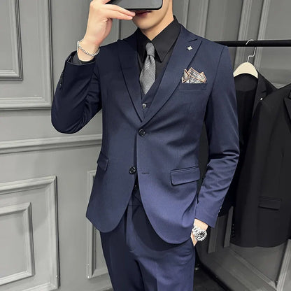 Men's 3 Piece Suit Set Double‑Button Slim Fit Solid Color Business Casual Wedding Party Jacket Vest Pants Formal Outfit for Men