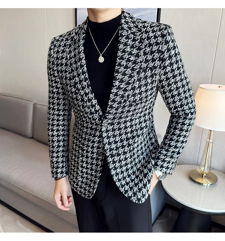 2023 Autumn Winter Plaid Men Blazers Thickened Casual Business Suits Jackets Single Buckle Wedding Groom Streetwear Social Coat
