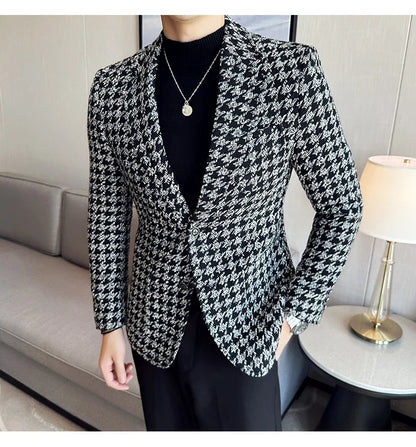 2023 Autumn Winter Plaid Men Blazers Thickened Casual Business Suits Jackets Single Buckle Wedding Groom Streetwear Social Coat