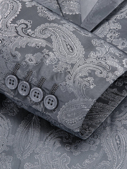Slim Fit Dark Grey Paisley Jacquard Mens Blazer, Notch Lapel Single Button Formal Suit Jacket Evening Party Host Costume
