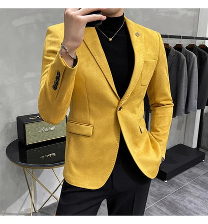 2023 Spring Suede Suit Jacket Men Casual Business Slim Fit Blazer Deerskin Leather Jacket Men Wedding Street Wear Social Coat