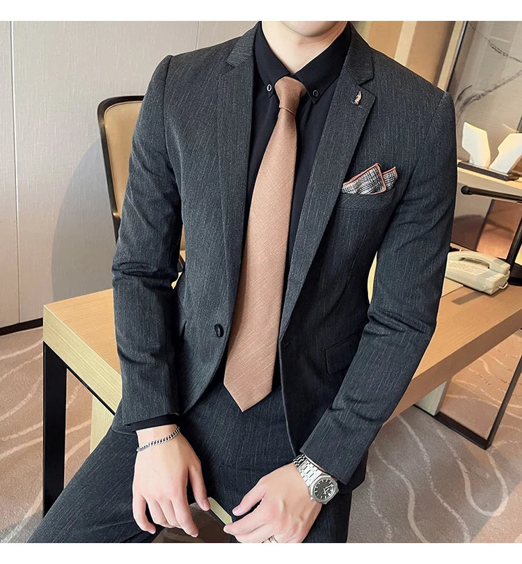 7XL 6XL(Jacket+Pant）Fashion Striped Men Slim Fit Suit Groom Wedding Tuxedo Formal Business Party Slim Fit Social Stage Costume