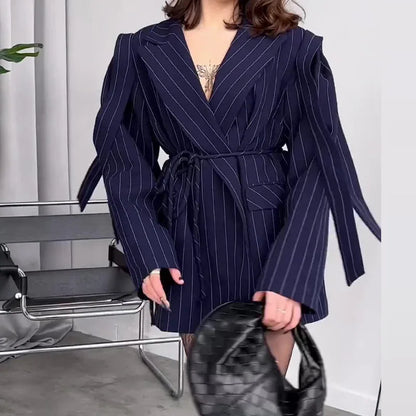 Spring Autumn New Women Blazer Turn-down Collar Long Sleeve Lace-up Waist Cinching Elegant Fashion Office Lady Coat HK16723