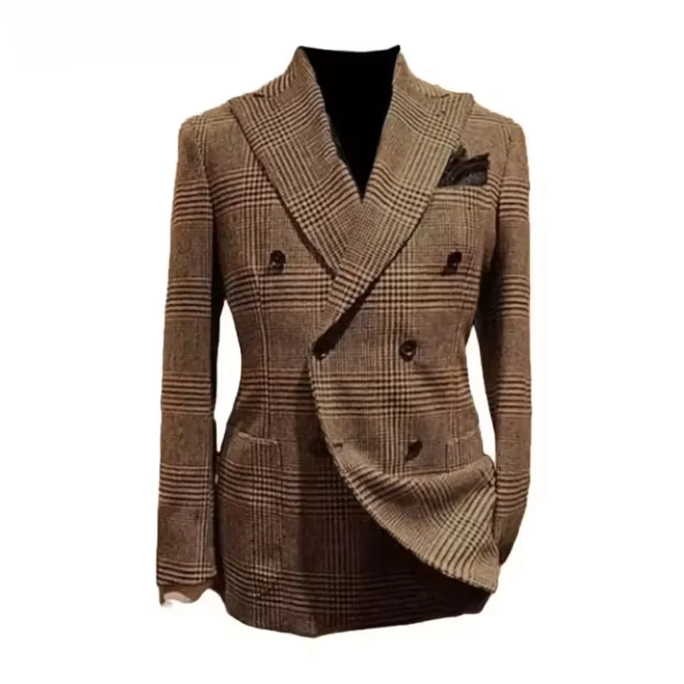 Formal Men's Jacket Houndstooth Woolen Brown Blazer with Peak Lapel Casual Wedding Business Party Coat Autumn Winter Customized