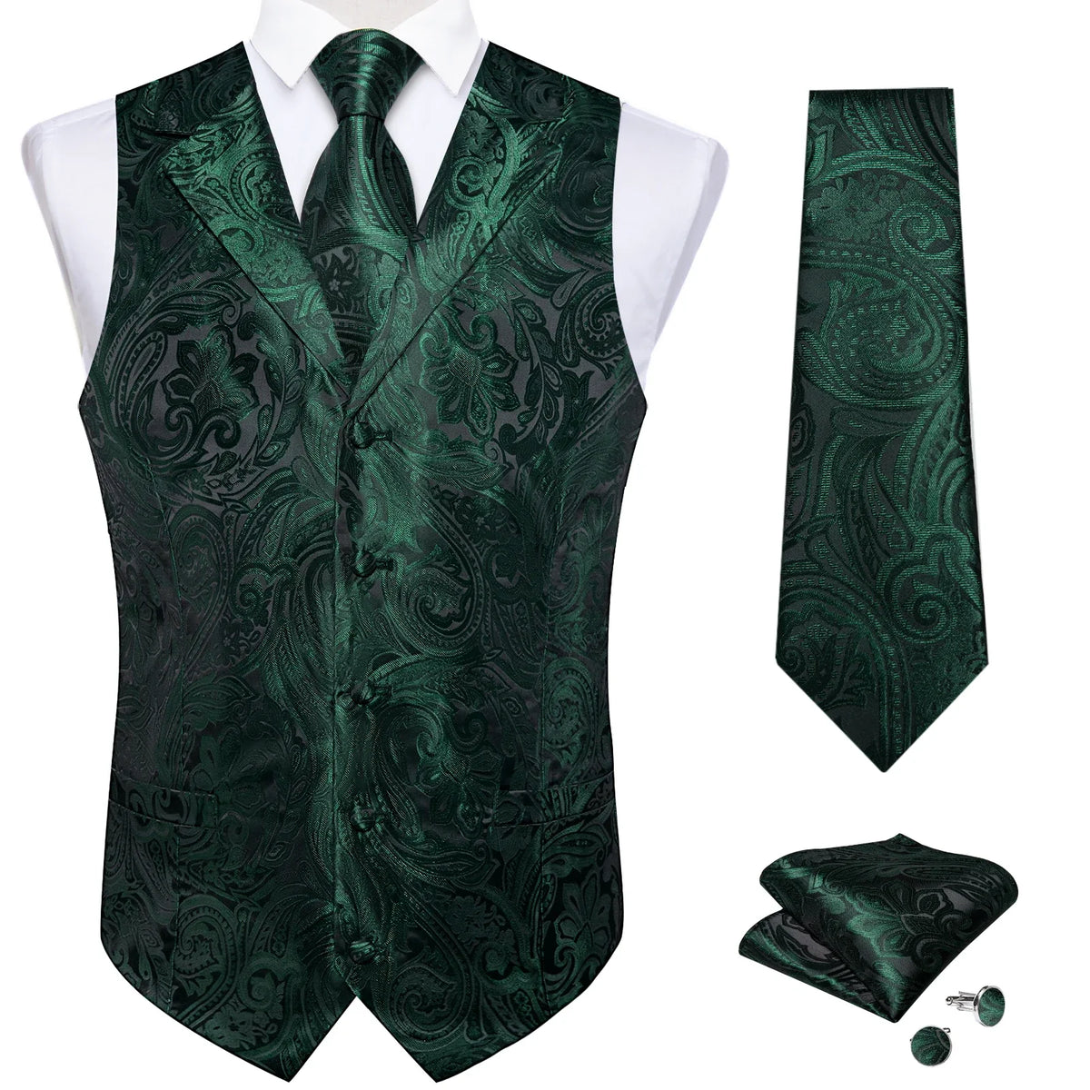 Men's Paisley Suit Vest – Single-Breasted Waistcoat with Tie, Handkerchief & Cufflinks for Weddings & Banquets