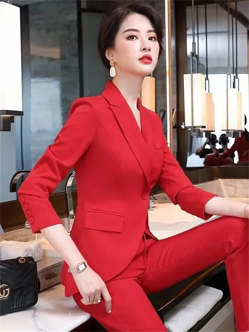Slim 2 Piece Sets Office Wear Women 2025 New Fashion Turn Down Collar Single Button Blazers Casual Pencil Pant Suits
