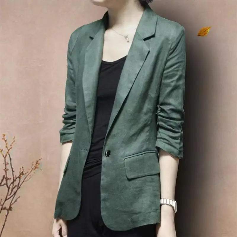 Women's Linen Blazer Casual Slim Fit Single Button Notched Lapel Lightweight Suit Jacket