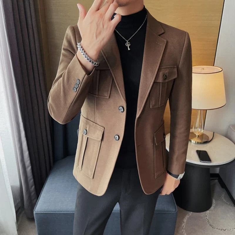 Winter Woolen Suit Jacket for Men Multiple Pockets Slim Fit Casual Business Blazers Masculino Wedding Streetwear Social Coats