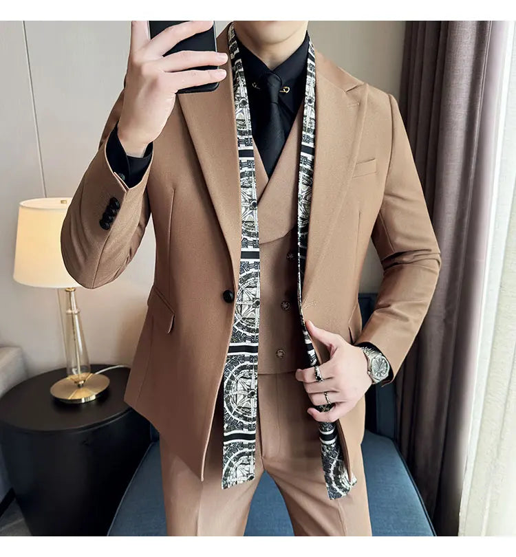 Scarf With Design Double Collar Suit Men's Business Casual Groom Wedding Slim Fit Suit Tuxedo 3-piece Set (Jacket+Vest+Pant)