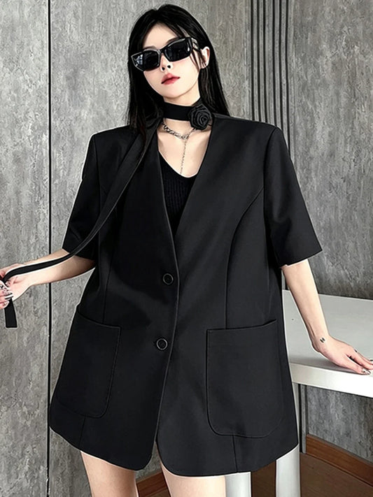Black Sleeveless Short- Sleeve Suit Jacket Women's Summer Rose Sash Design Loose Personality Western Style Fashionable Coat