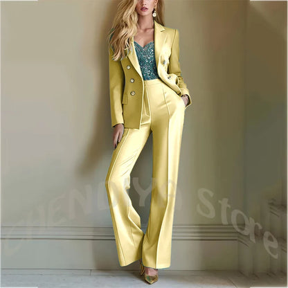 Solid Color Suit For Women High Quality Double Breasted Two Piece Notch Lapel Slim Fit Elegant Fashion Female Outfit Jacket Pant
