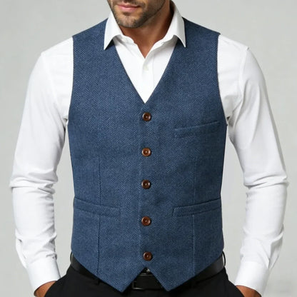 Men's Herringbone Vest Single Button V-Neck Waistcoat for Wedding & Business