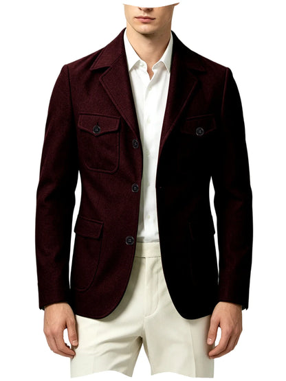 Men's Wool Blazer Notched Lapel Slim Fit 3 Buttons Suit Jacket Multi Pockets Casual Business Autumn Winter Dress Coat Daily Wear