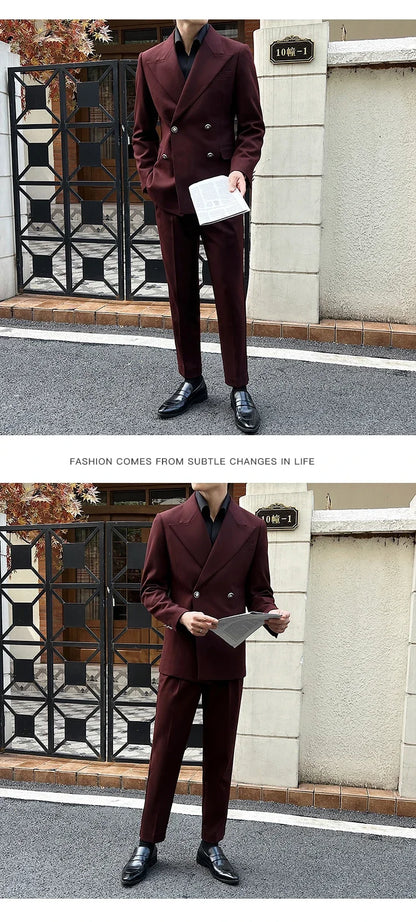 (Jackets+Pant)Fashion Double Breasted Design Men Suit Italian Style Luxury Elegant Business Social Wedding Dress Thick Suit 2Pcs