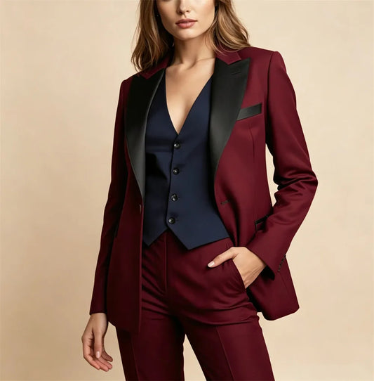 Elegant Burgundy Women's Suits 3 Piece Suit Official Outfits Formal Event Wear Women's Business Set (Jacket+Vest+Pants)