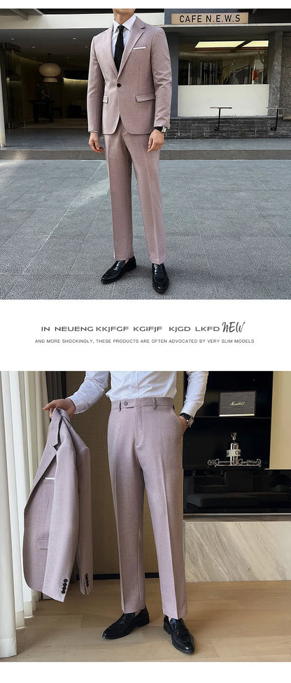 (Jacket +Pants) 2025 New Luxury Elegant Men's Suits 2 Piece Set Fashion Korean Casual Slim Fit Social Groom Wedding Tuxedo