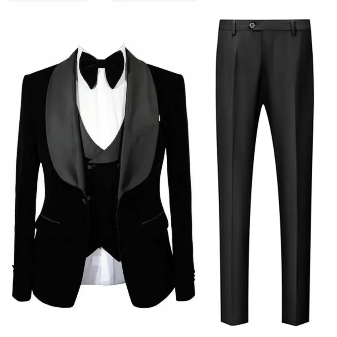 Men's Black Velvet Evening Gown Three Piece Set Shawl Lapel Jacket Vest Trousers Groom's Wedding Ball Dress Suit