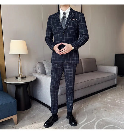 Men's 3-Piece Slim Fit Plaid Suit – Jacket, Vest & Pants for Weddings, Office & Formal Occasions