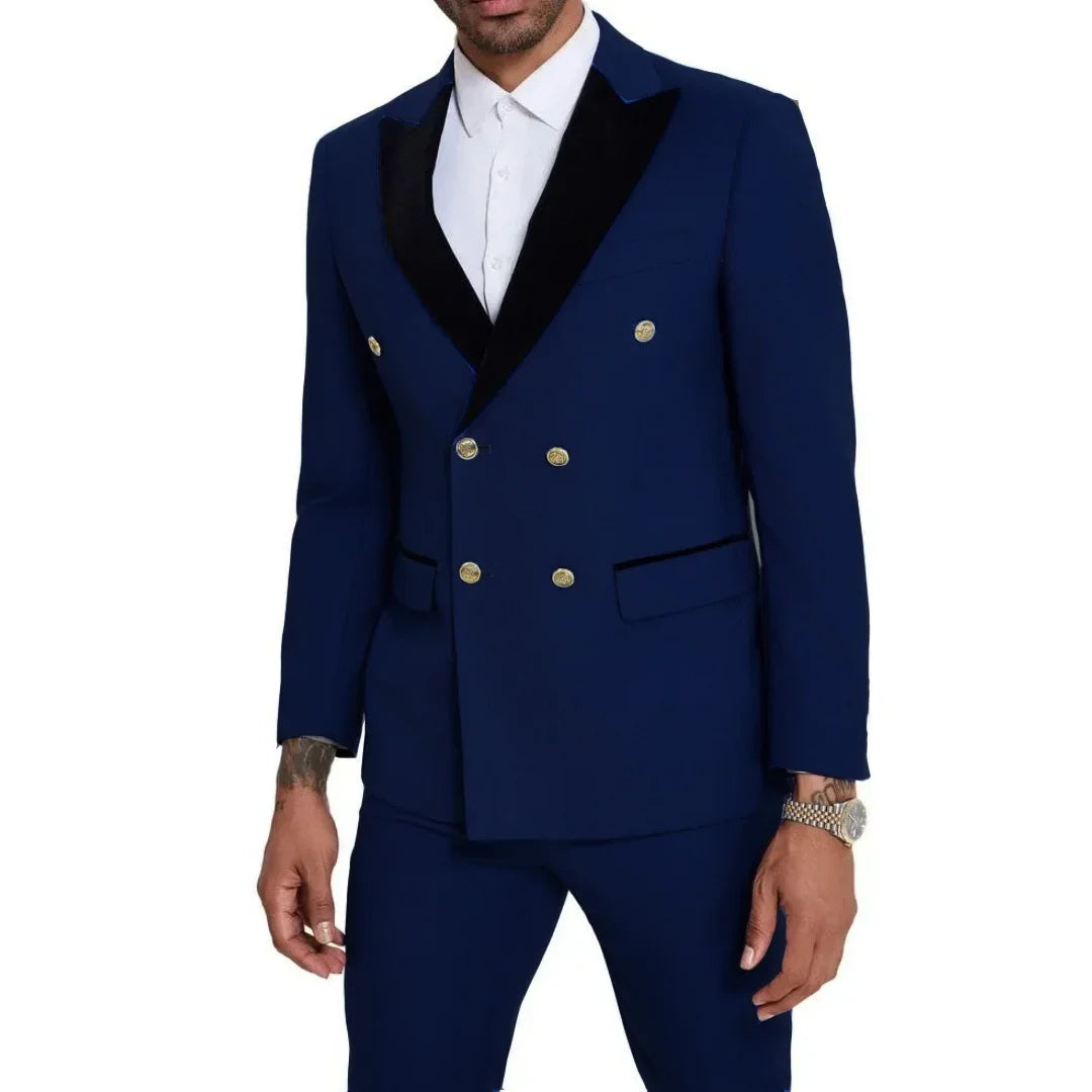 Men Suit 2 Pieces Royal Blue With Black Lapel Double Button For Wedding Business Banquet Party Office Daily Work Jacket And Pant