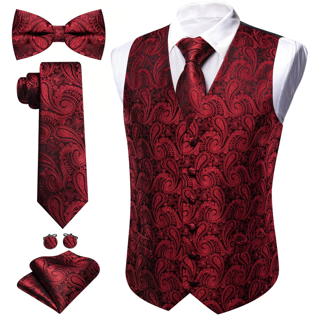 Men's Jacquard Suit Vest Set with Tie, Bow Tie, Pocket Square & Cufflinks – Wedding & Formal