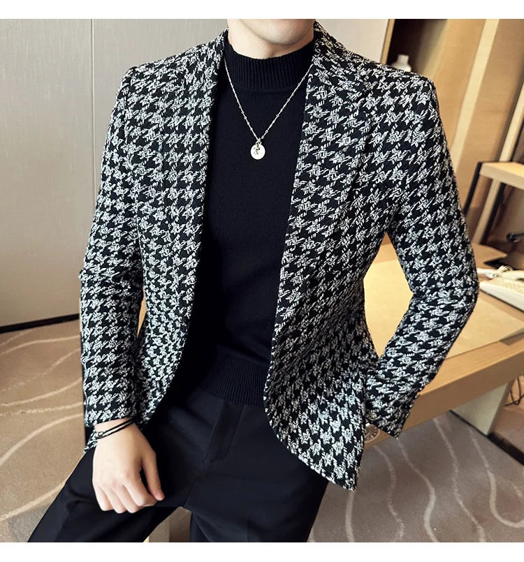 2023 Autumn Winter Plaid Men Blazers Thickened Casual Business Suits Jackets Single Buckle Wedding Groom Streetwear Social Coat