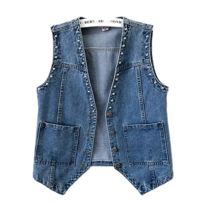 2023 Spring Summer Denim Jacket V-neck Women Vest Coat Female Rivet Sleeveless Short Jeans Jackets Cowboy Waistcoat